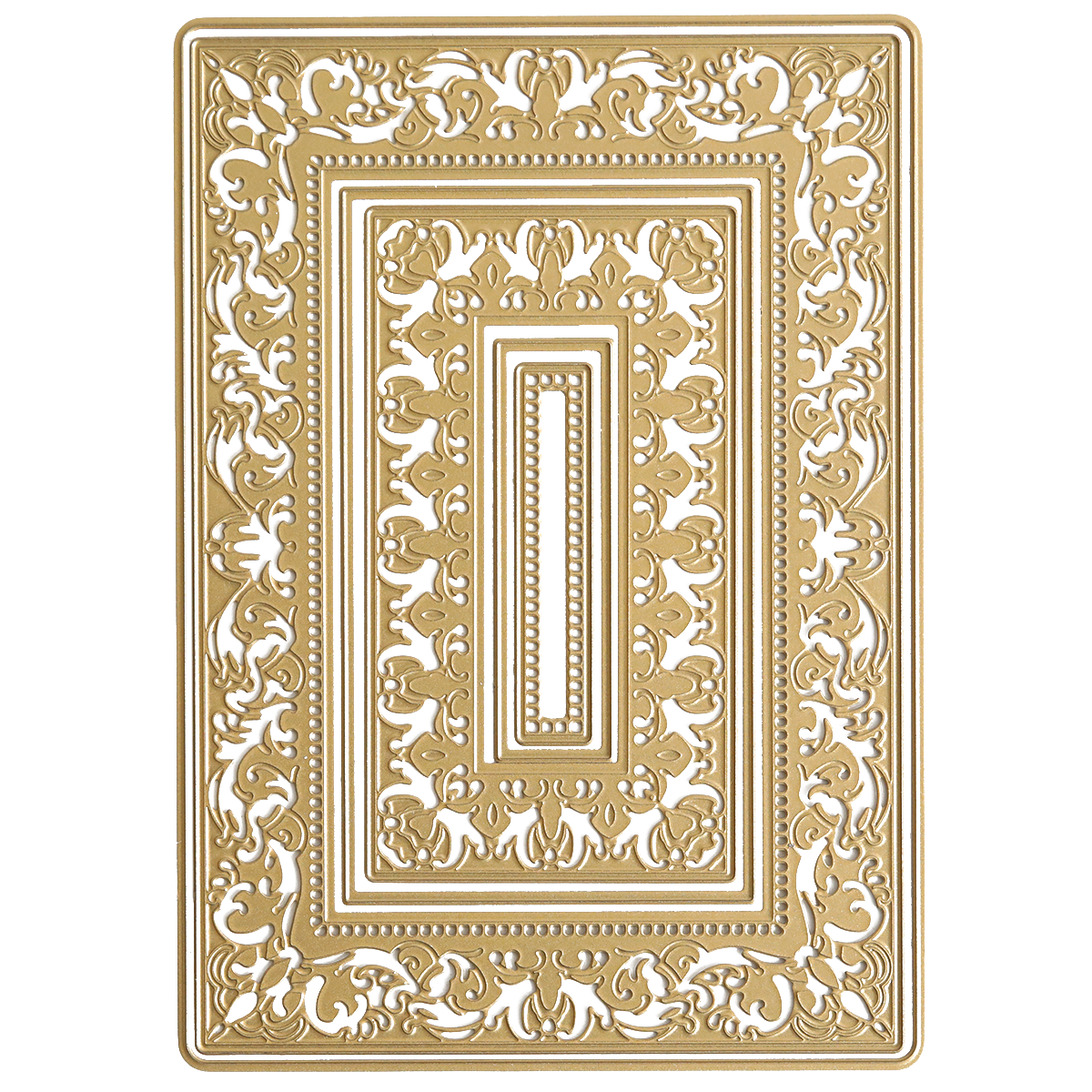 Rectangular playing card back featuring an ornate gold and white symmetrical pattern with intricate floral and scrollwork frame designs, inspired by the elegant Birthday Present Scroll 3D Concentric Frame Dies—perfect for card making.