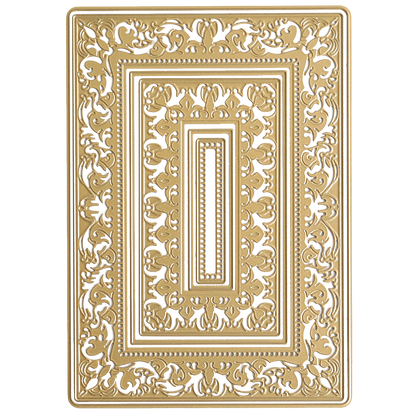 Rectangular playing card back featuring an ornate gold and white symmetrical pattern with intricate floral and scrollwork frame designs, inspired by the elegant Birthday Present Scroll 3D Concentric Frame Dies—perfect for card making.