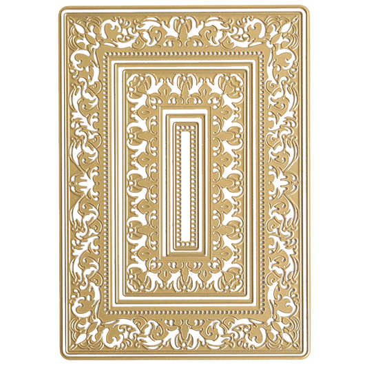 Rectangular playing card back featuring an ornate gold and white symmetrical pattern with intricate floral and scrollwork frame designs, inspired by the elegant Birthday Present Scroll 3D Concentric Frame Dies—perfect for card making.