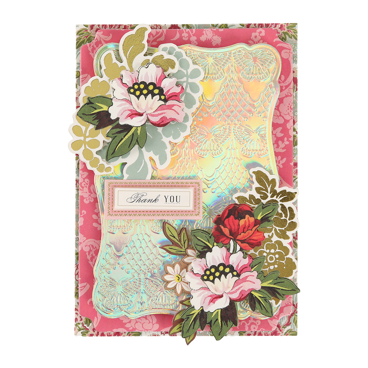 A luxurious thank you card crafted from Luxury Iridescent Foil Cardstock, featuring elegant floral designs and shimmering gold accents with a “Thank You” label at the center. Set against a pink patterned background, this high-quality card showcases both sophistication and durability—perfect for expressing your heartfelt gratitude.