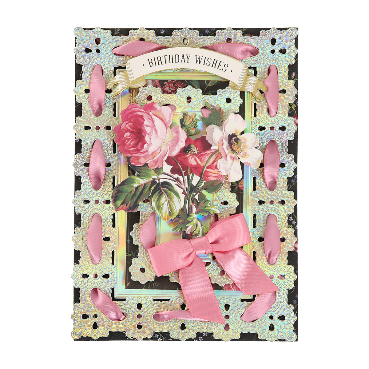 A decorative birthday card features floral artwork, gold trim, pink ribbon accents, and a banner reading “Birthday Wishes” at the top, all beautifully crafted on Luxury Iridescent Foil Cardstock for an elegant touch.