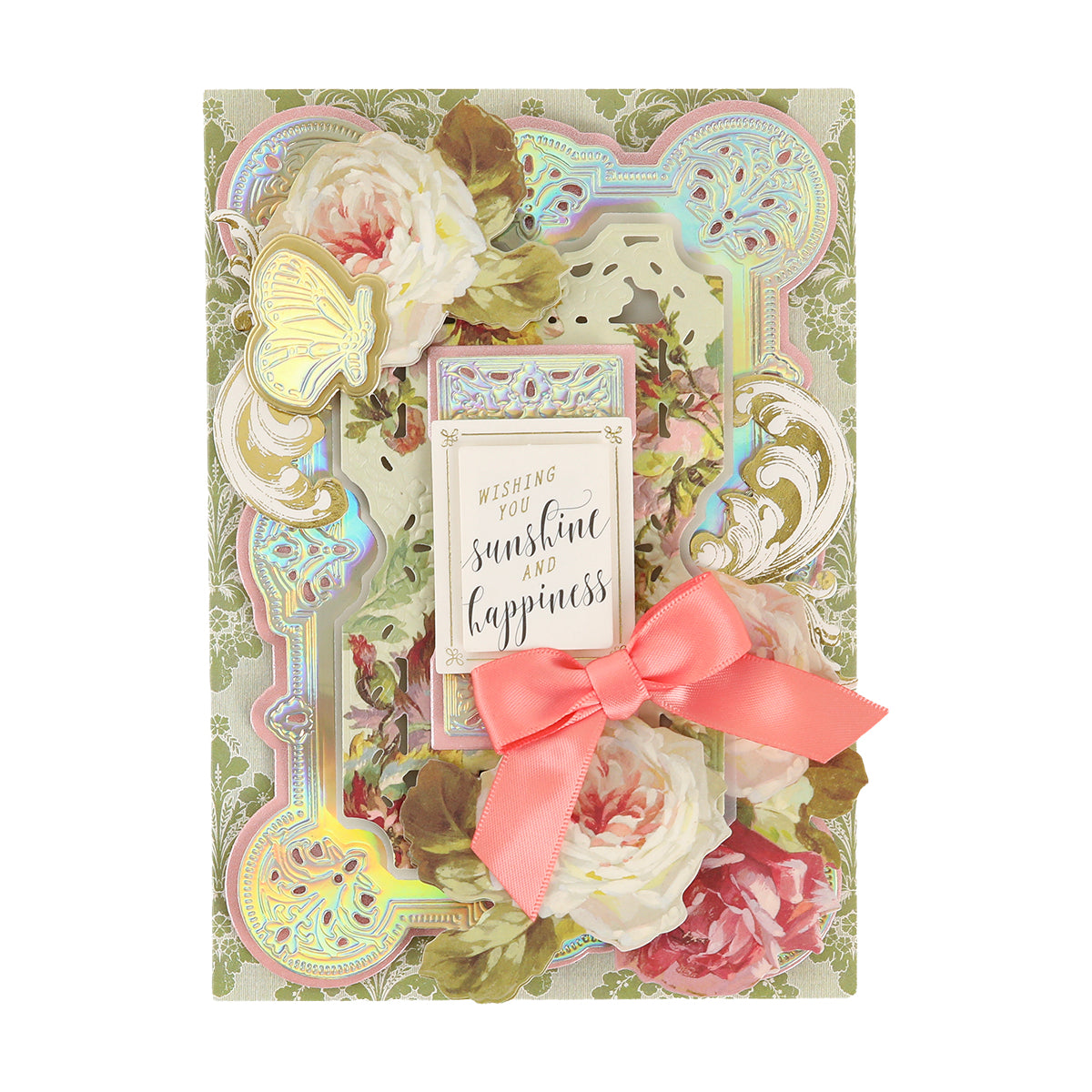 Beautiful greeting card made from Luxury Iridescent Foil Cardstock, featuring elegant floral patterns, embossed designs, a delicate butterfly, a large pink ribbon, and the heartfelt message “Wishing You Sunshine and Happiness” on the front. This premium card’s shimmering finish adds sophistication and charm to any special occasion.