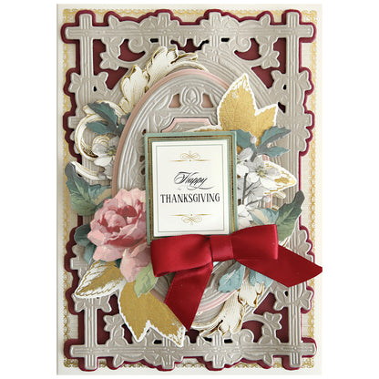 Decorative Thanksgiving card with layered gold and beige patterns, floral accents, a red bow, and an ornate "Happy Thanksgiving" sign—perfect for card making or handmade projects using Woodland 3D Concentric Frame Dies.