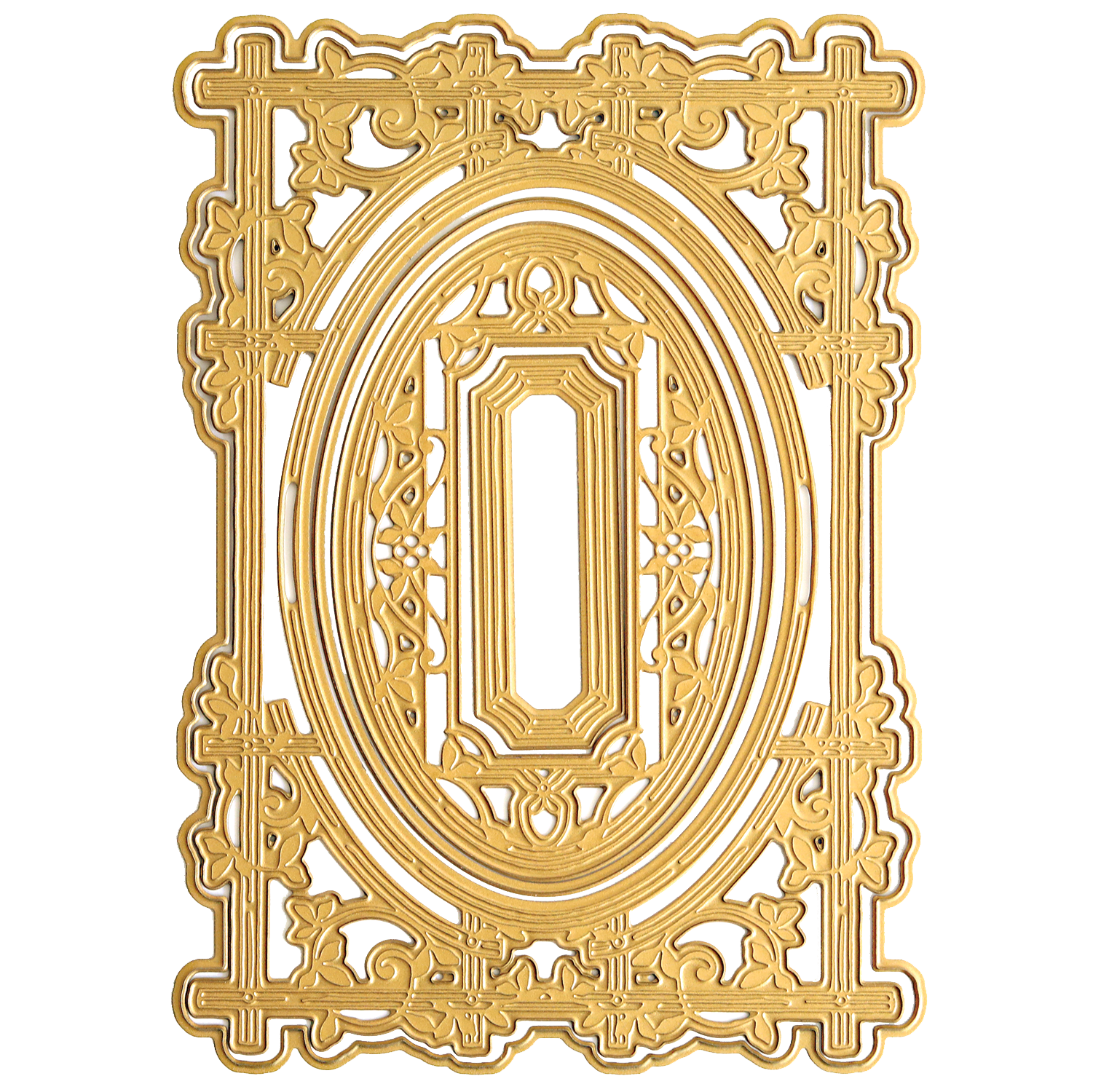Elegant, gold-toned rectangular frame with detailed scrollwork and a central oval—ideal for handmade projects or card making using Woodland 3D Concentric Frame Dies.