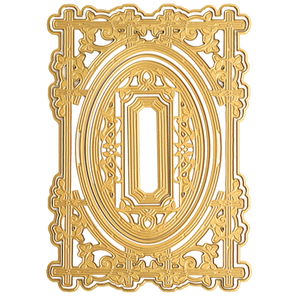 Elegant, gold-toned rectangular frame with detailed scrollwork and a central oval—ideal for handmade projects or card making using Woodland 3D Concentric Frame Dies.