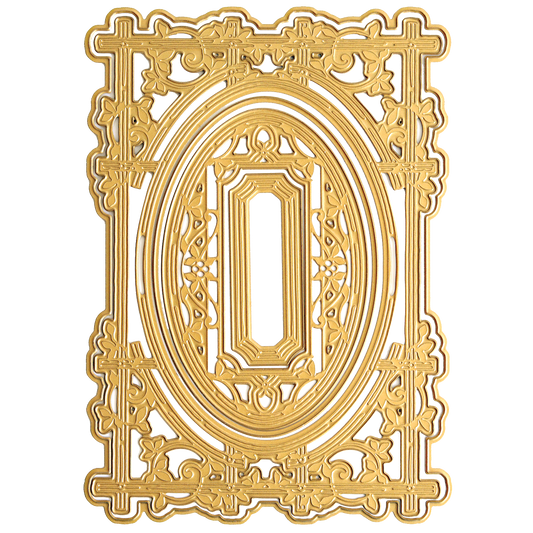 Elegant, gold-toned rectangular frame with detailed scrollwork and a central oval—ideal for handmade projects or card making using Woodland 3D Concentric Frame Dies.