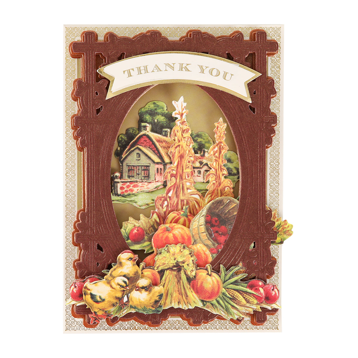 Greeting card with a “Thank You” banner, showcasing an autumn harvest scene of pumpkins, corn, apples, ducklings, and a cottage inside an ornate brown border—ideal for handmade projects and card making with the Woodland 3D Concentric Frame Dies.