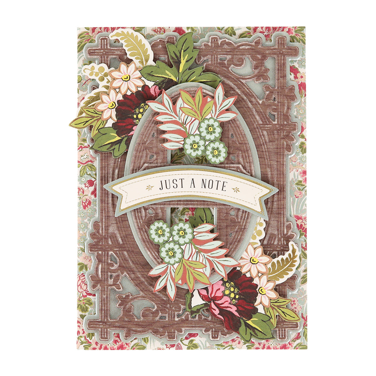Greeting card featuring floral patterns and an elegant brown frame crafted with Woodland 3D Concentric Frame Dies, accented by a central banner that says “Just a Note.” Ideal for card making and other handmade projects.