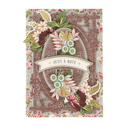 Greeting card featuring floral patterns and an elegant brown frame crafted with Woodland 3D Concentric Frame Dies, accented by a central banner that says “Just a Note.” Ideal for card making and other handmade projects.