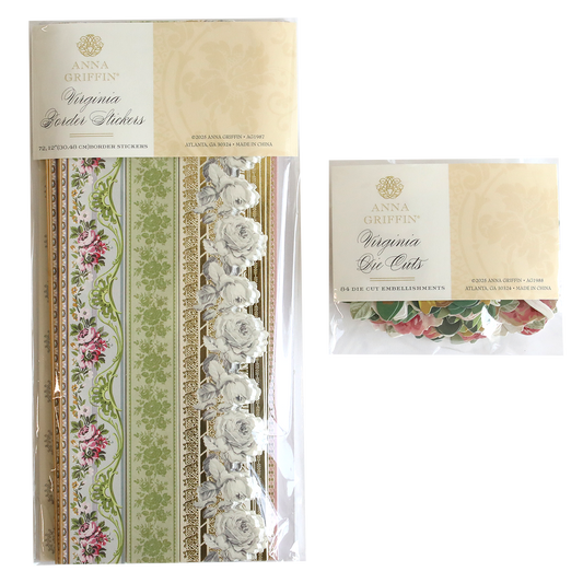 Add stylish touches to your projects with Anna Griffin's Virginia Embellishments and Border Stickers, featuring elegant floral designs and assorted shapes—perfect for scrapbooking and crafts.