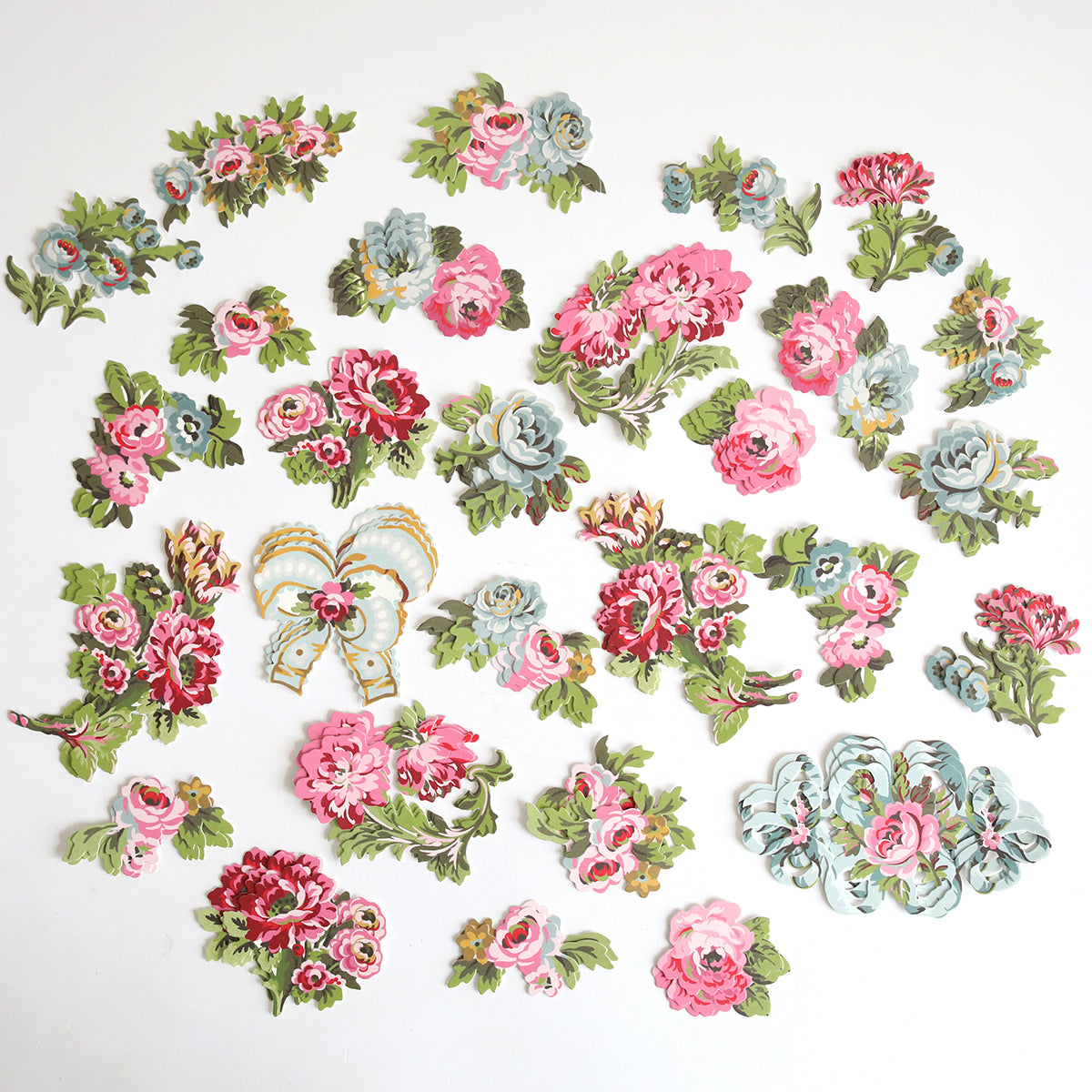 Phoebe Die Cut Embellishments—assorted colorful paper cutouts of vintage-style flowers and bouquets—are arranged on a white background, perfect for scrapbooking or as decorative stickers.