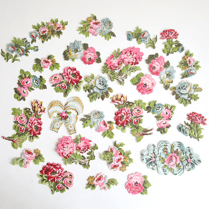 Phoebe Die Cut Embellishments—assorted colorful paper cutouts of vintage-style flowers and bouquets—are arranged on a white background, perfect for scrapbooking or as decorative stickers.