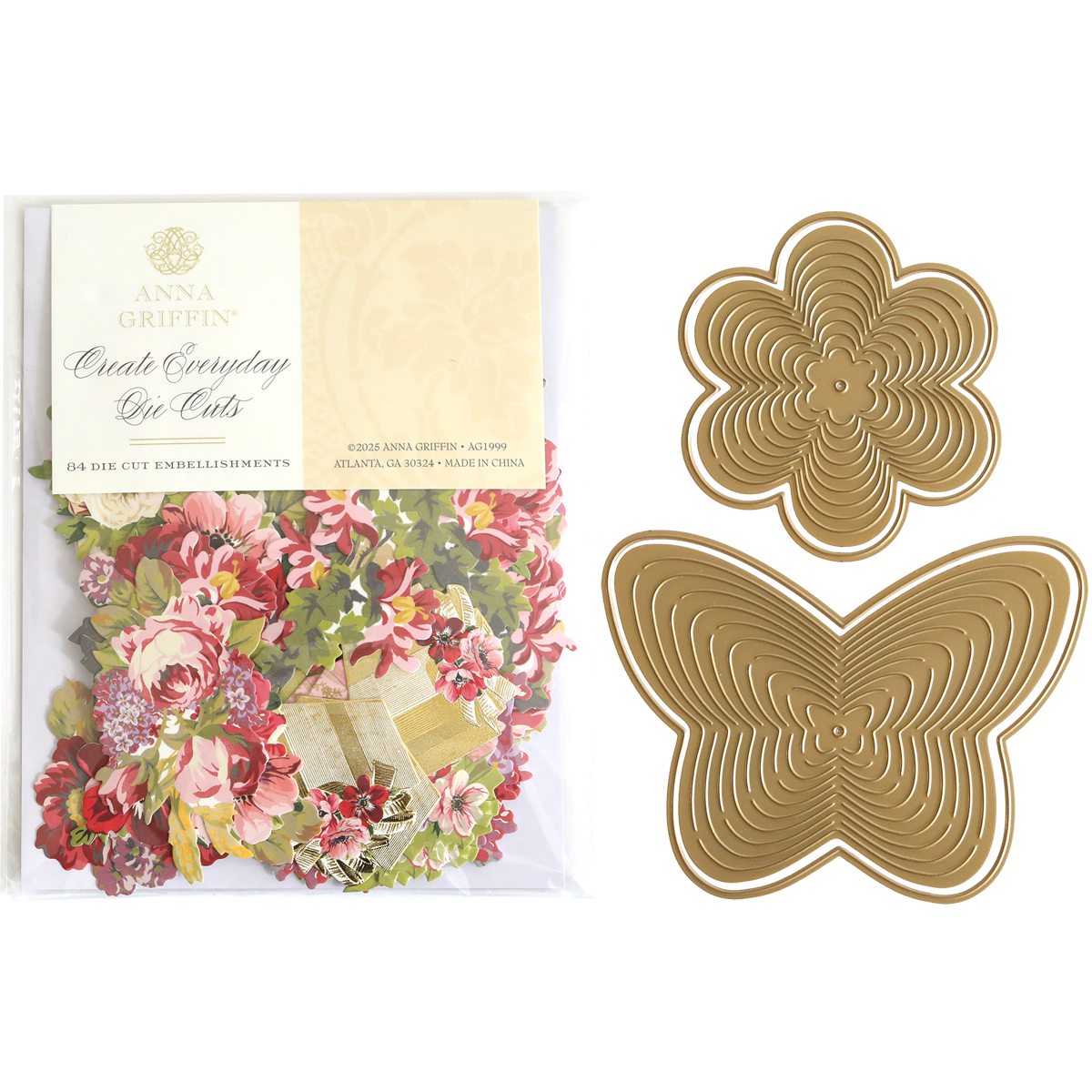 Butterfly Garden Kirigami and Embellishments featuring a package of floral dimensional embellishments next to two gold-colored metal butterfly and flower kirigami dies.