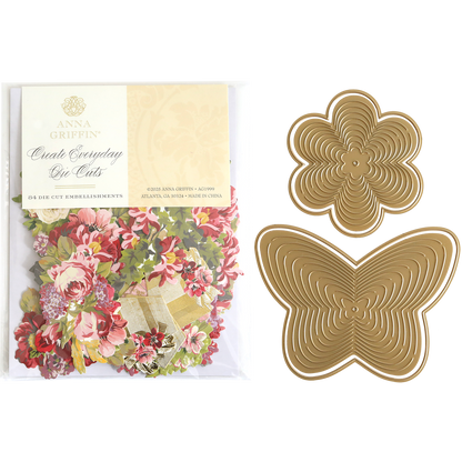 Butterfly Garden Kirigami and Embellishments featuring a package of floral dimensional embellishments next to two gold-colored metal butterfly and flower kirigami dies.