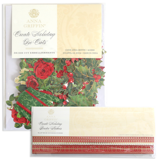 Create Holiday Decorating Details pack of 84 die-cut rose and holly embellishments and 72 decorative holiday border stickers for Christmas crafting.
