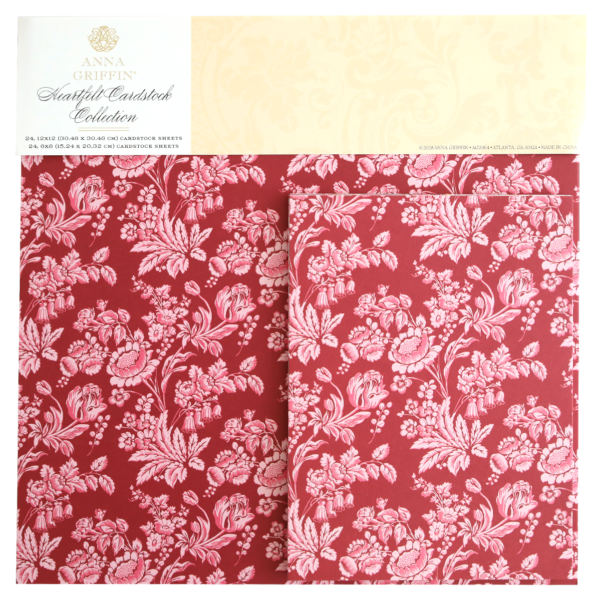Heartfelt Cardstock features double-sided red sheets with a detailed white floral pattern, making it perfect for floral scrapbook paper projects.
