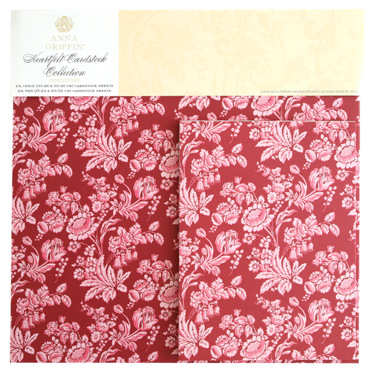Heartfelt Cardstock features double-sided red sheets with a detailed white floral pattern, making it perfect for floral scrapbook paper projects.
