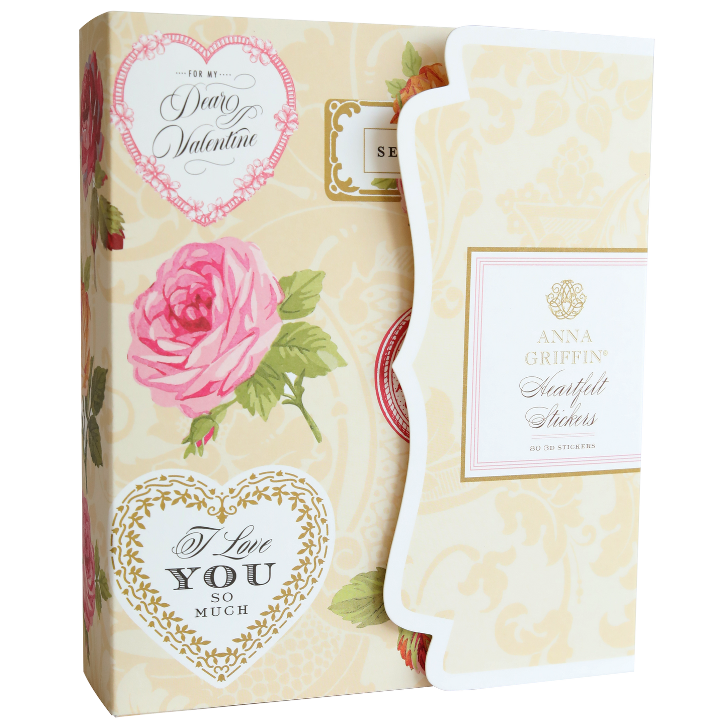 A decorative box labeled “Heartfelt Stickers,” featuring romantic florals, heart motifs, and vintage stickers with messages like "For My Dear Valentine" and "I Love You So Much.
