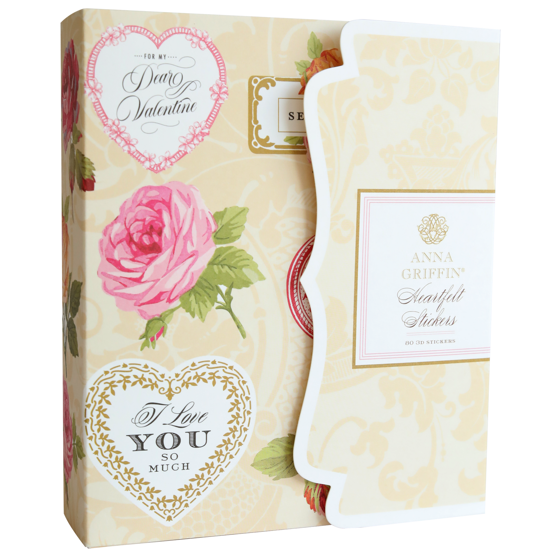 A decorative box labeled “Heartfelt Stickers,” featuring romantic florals, heart motifs, and vintage stickers with messages like "For My Dear Valentine" and "I Love You So Much.