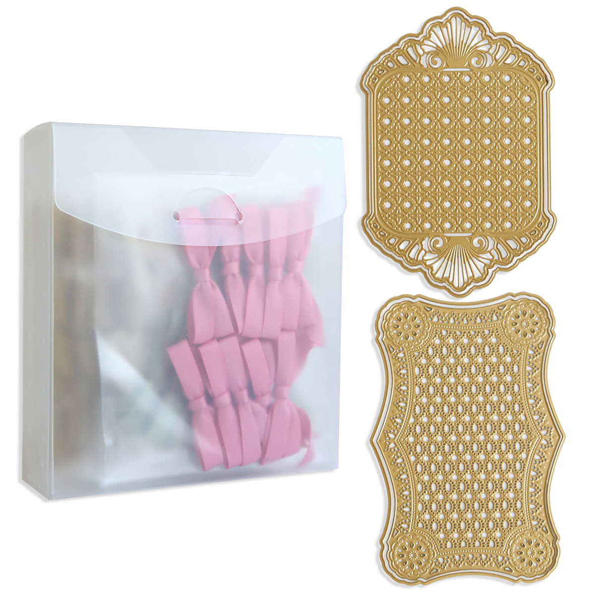 A clear plastic envelope containing pink satin bows sits next to two ornate handmade cards, each showcasing the 3D Layer Dies with Pre-Tied Bows featuring intricate gold rectangular designs.