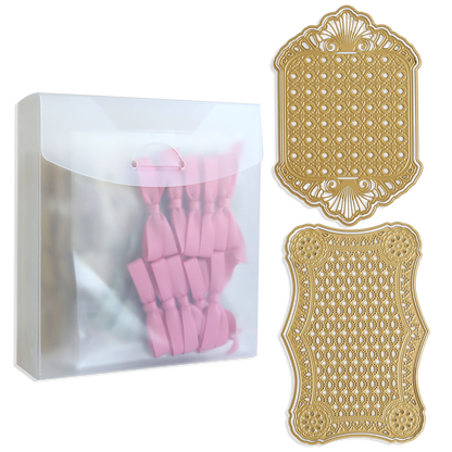 A clear plastic envelope containing pink satin bows sits next to two ornate handmade cards, each showcasing the 3D Layer Dies with Pre-Tied Bows featuring intricate gold rectangular designs.