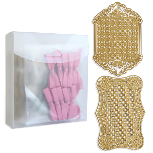 A clear plastic envelope containing pink satin bows sits next to two ornate handmade cards, each showcasing the 3D Layer Dies with Pre-Tied Bows featuring intricate gold rectangular designs.