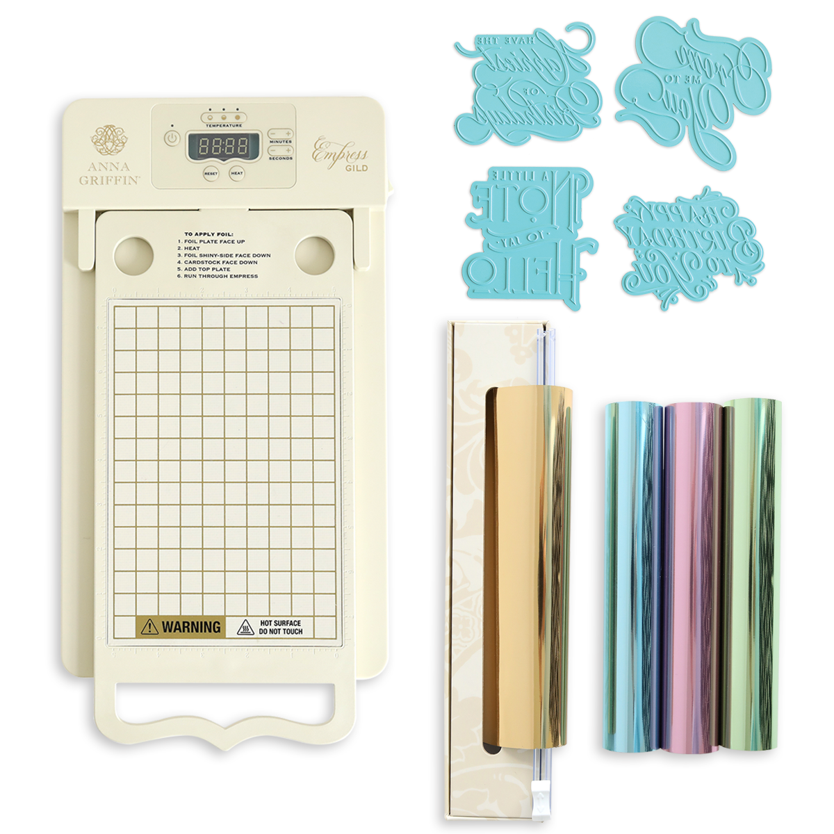 The Empress Gild Hot Foil Starter Bundle includes a digital display, four blue metal dies, and four metallic foil rolls in gold, silver, pink, and green—ideal for any heat-activated foiling system.