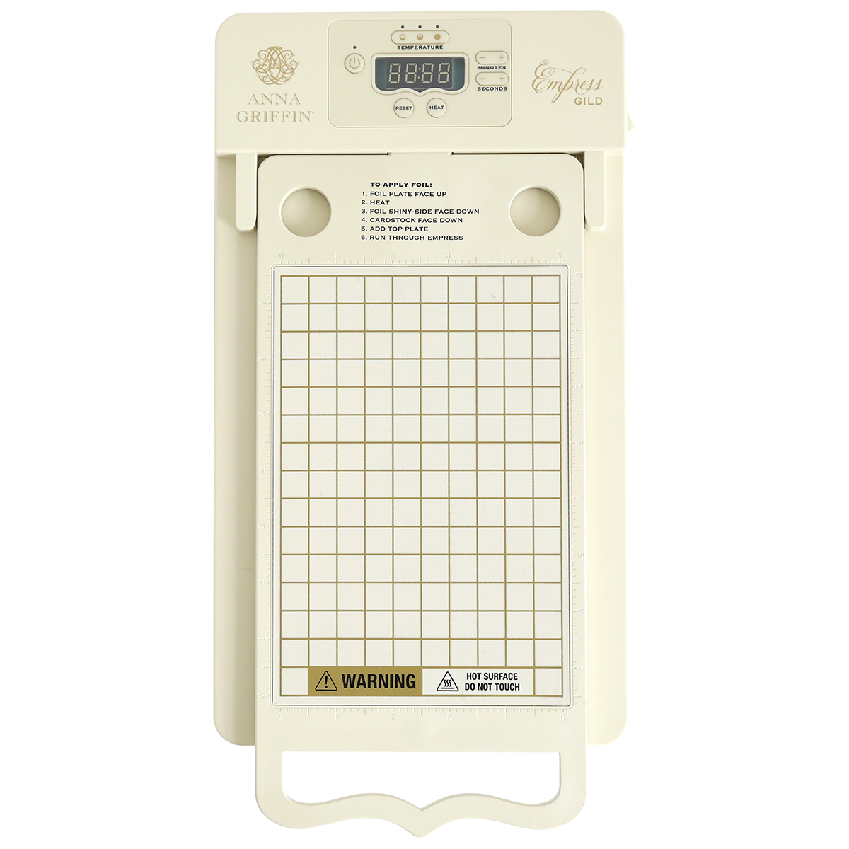 The Empress Gild Hot Foil Machine features a digital display, control buttons, and a gridded cutting platform, and is compatible with electronic die-cutting and embossing machines.