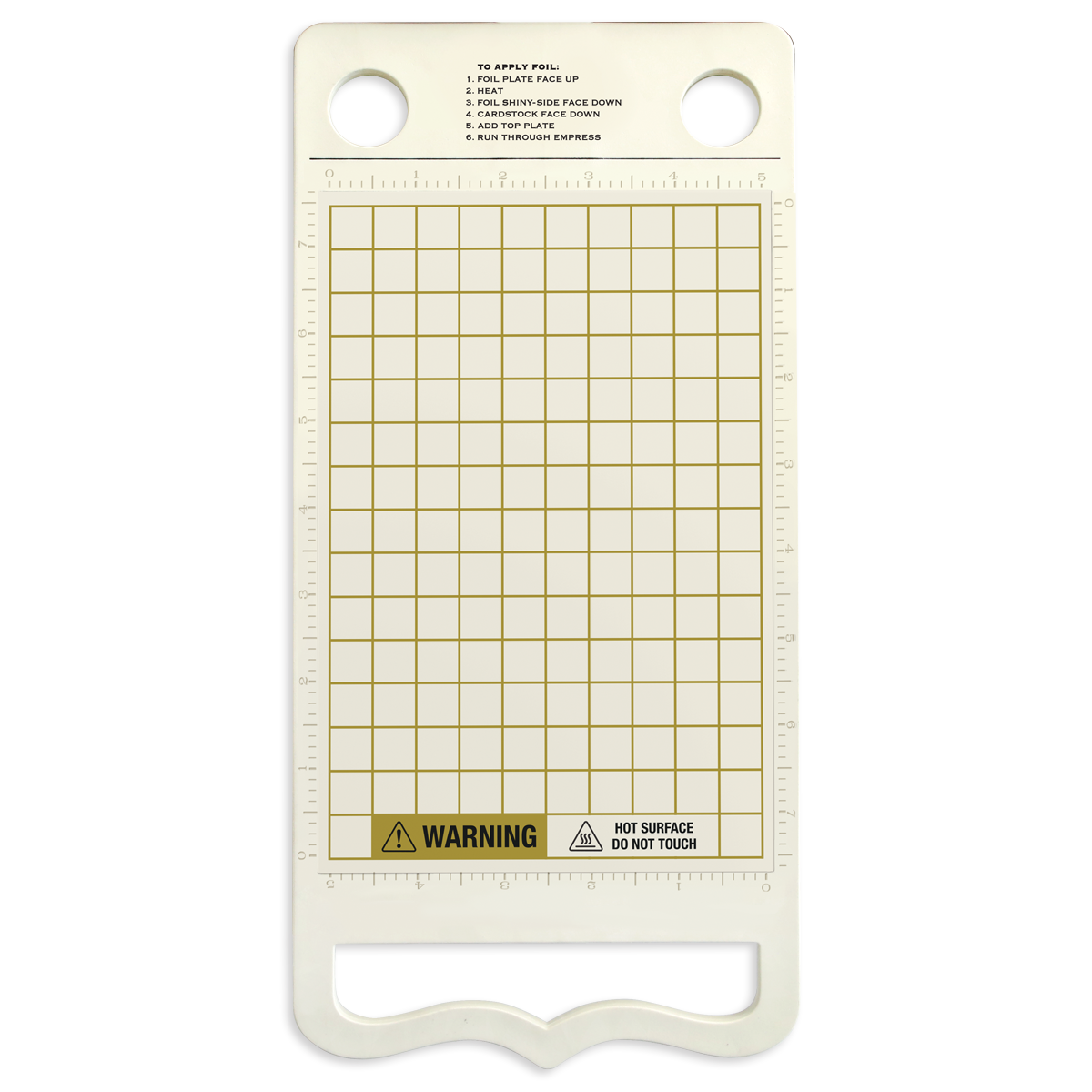 The Empress Gild Heat Platform is a clear rectangular platen with a grid, top instructions, two large holes, and a "Hot Surface, Do Not Touch" warning label—perfect for foil machines or die cutting projects.