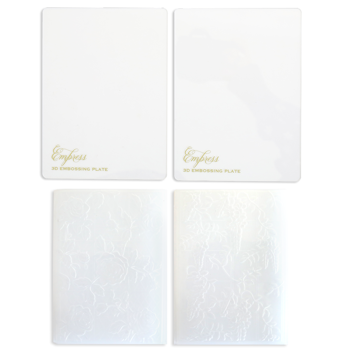 Four translucent plates—two plain labeled "Empress 3D Embossing Plate" and two with raised floral designs—highlight the 3D Embossing Folders and Plates, arranged in a grid on a white background.