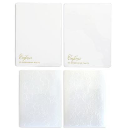 Four translucent plates—two plain labeled "Empress 3D Embossing Plate" and two with raised floral designs—highlight the 3D Embossing Folders and Plates, arranged in a grid on a white background.