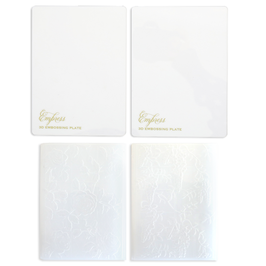 Four translucent plates—two plain labeled "Empress 3D Embossing Plate" and two with raised floral designs—highlight the 3D Embossing Folders and Plates, arranged in a grid on a white background.
