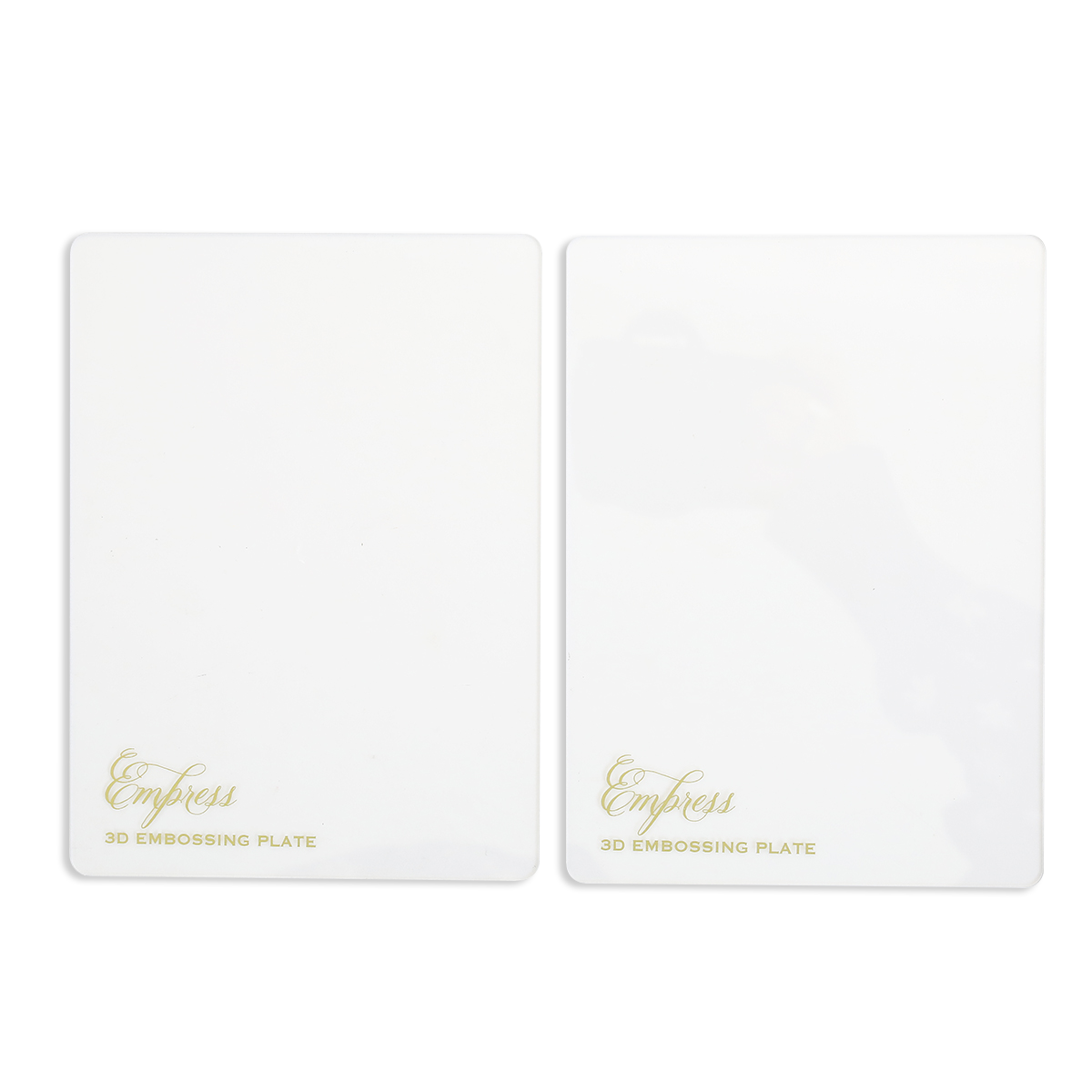 Two rectangular white Empress 3D Embossing Plates with gold "Empress 3D Embossing Plate" text are shown side by side on a white background—ideal for making detailed embossed designs with your 3D embossing folders.