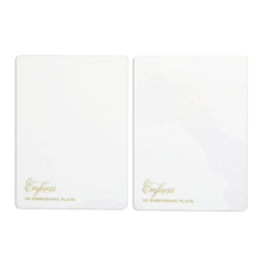 Two rectangular white Empress 3D Embossing Plates with gold "Empress 3D Embossing Plate" text are shown side by side on a white background—ideal for making detailed embossed designs with your 3D embossing folders.