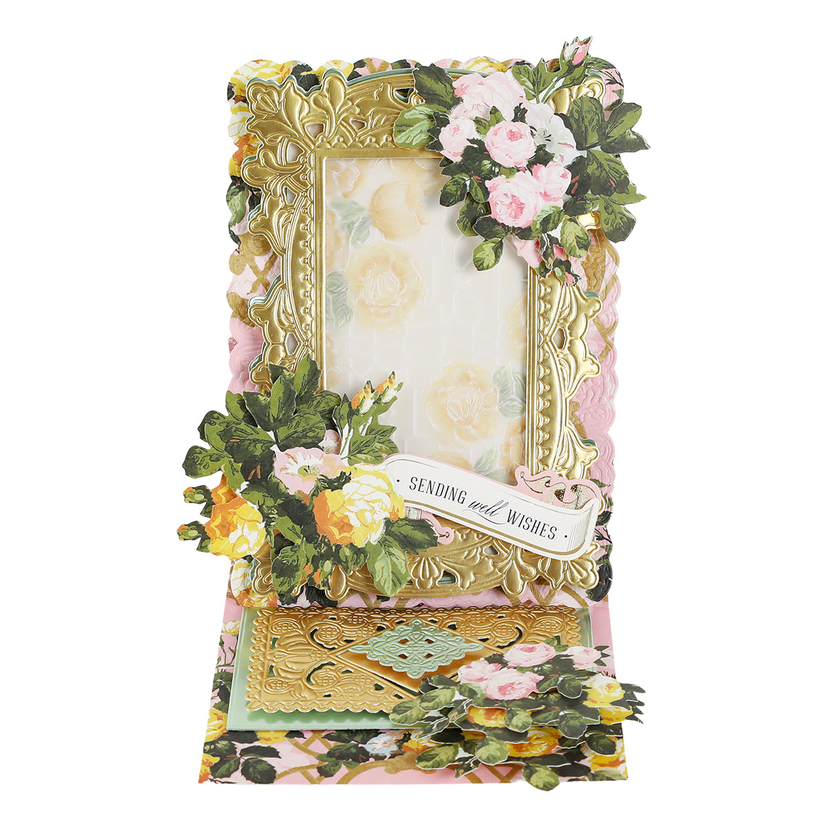 A dimensional card made with Garden Gate and Pavilion 3D Embossing Folders featuring a gold ornate frame, pink and yellow flower embellishments, and a banner reading “Sending well wishes.”