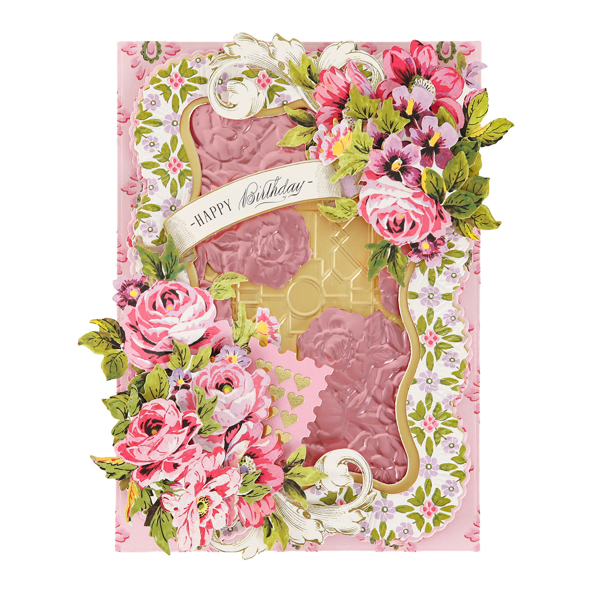 A handmade birthday card featuring Garden Gate and Pavilion 3D Embossing Folders, pink panels, gold filigree details, and layered paper flower arrangements.
