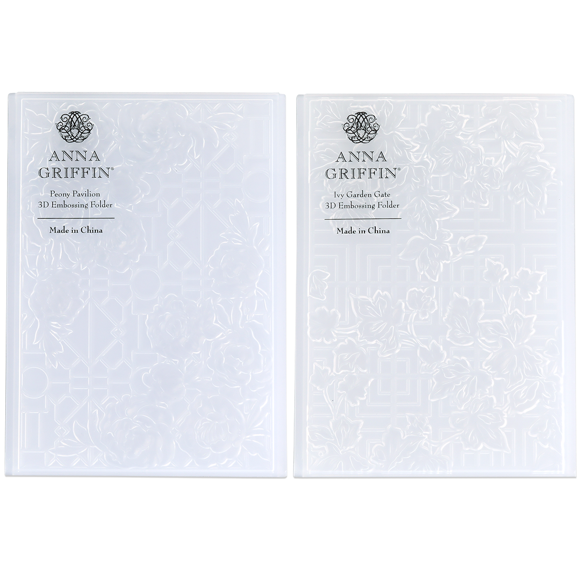 Garden Gate and Pavilion 3D Embossing Folders, featuring one peony pattern and one ivy pattern over a grid design for paper crafts.