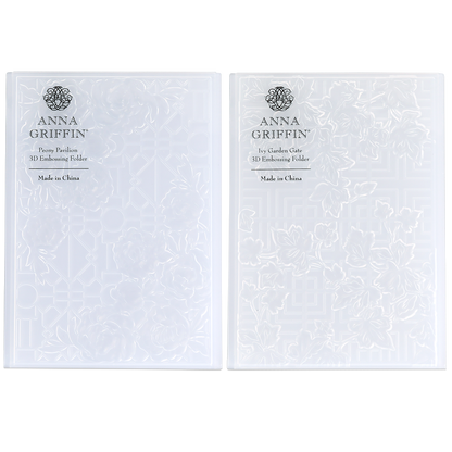 Garden Gate and Pavilion 3D Embossing Folders, featuring one peony pattern and one ivy pattern over a grid design for paper crafts.