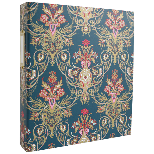 The Jasmine Die Storage Binder features a dark teal cover with an ornate gold, pink, and red floral damask pattern and a metal spine label holder—ideal for craft organization or as a magnetic cutting die storage solution.