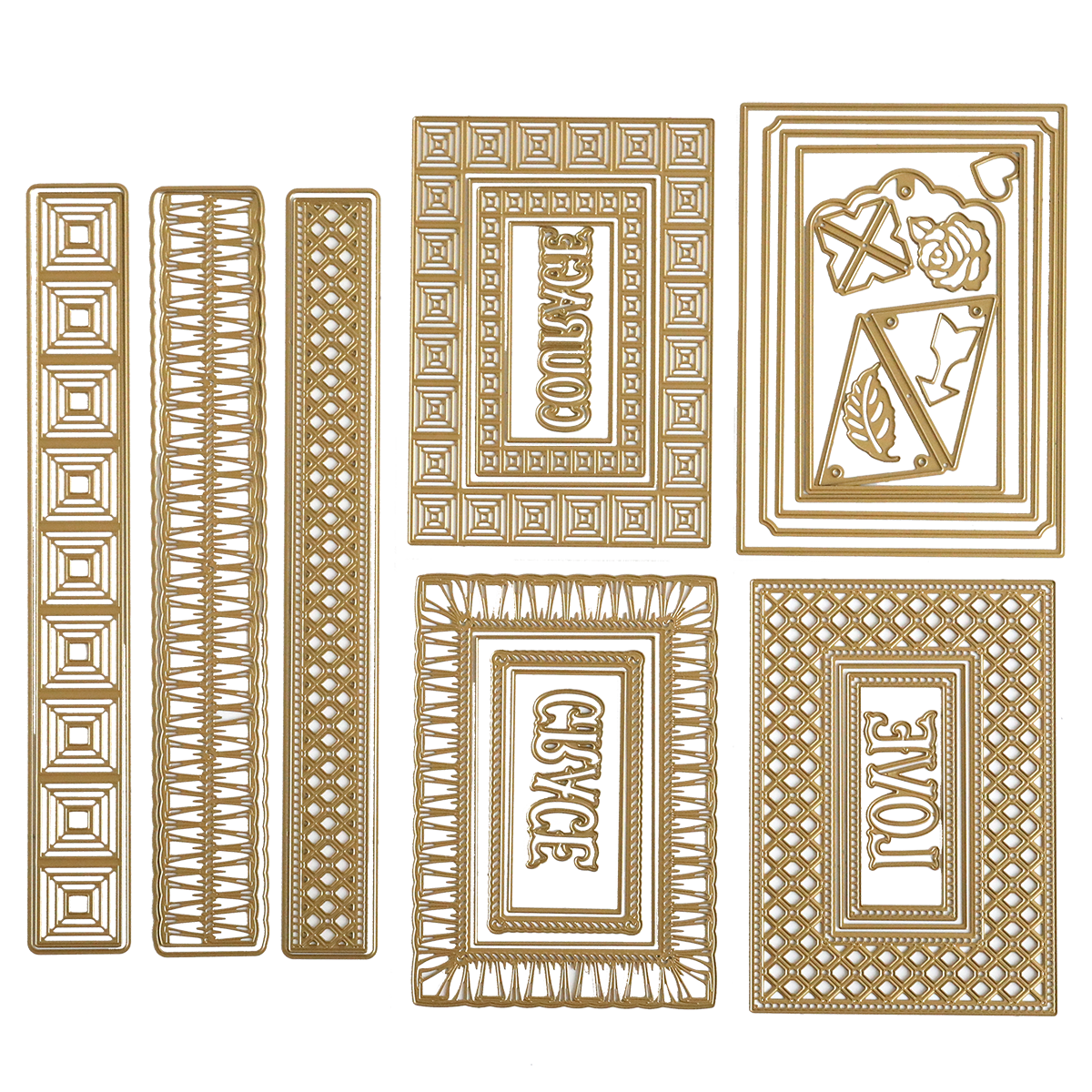 The Create Border, Frame and Shape Dies set includes six ornate gold metal dies with intricate patterns, shapes, and the words "ENVELOPE," "CHOICE," and "LOVE.