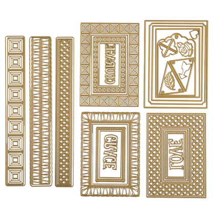 The Create Border, Frame and Shape Dies set includes six ornate gold metal dies with intricate patterns, shapes, and the words "ENVELOPE," "CHOICE," and "LOVE.
