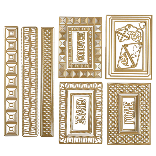 The Create Border, Frame and Shape Dies set includes six ornate gold metal dies with intricate patterns, shapes, and the words "ENVELOPE," "CHOICE," and "LOVE.
