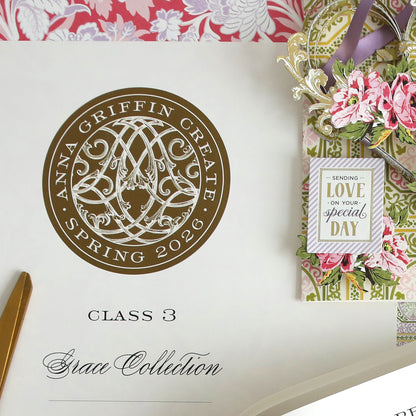 The "Create Spring 2026 Printed Instructions" include step-by-step directions, a certificate, a gold pen, color photos, and a floral card reading "Sending love on your special day.