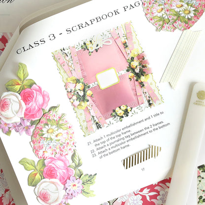 The Create Spring 2026 Printed Instructions guide features floral décor, a pink embellished frame, and step-by-step directions for assembling embellishments and adding color photos to showcase your memories.