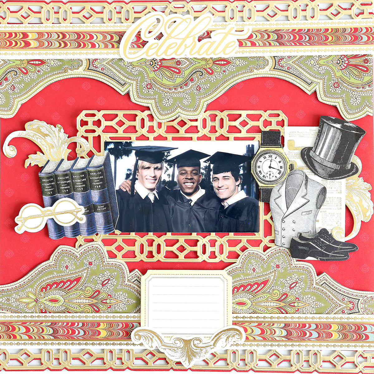 Three grads in caps and gowns smile among ornate décor, books, a pocket watch, and top hat—a perfect scene for the All About Him Papercrafting Kit with Dies on a red patterned background, great for vintage scrapbooking or masculine cards.
