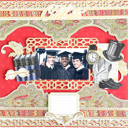 Three grads in caps and gowns smile among ornate décor, books, a pocket watch, and top hat—a perfect scene for the All About Him Papercrafting Kit with Dies on a red patterned background, great for vintage scrapbooking or masculine cards.