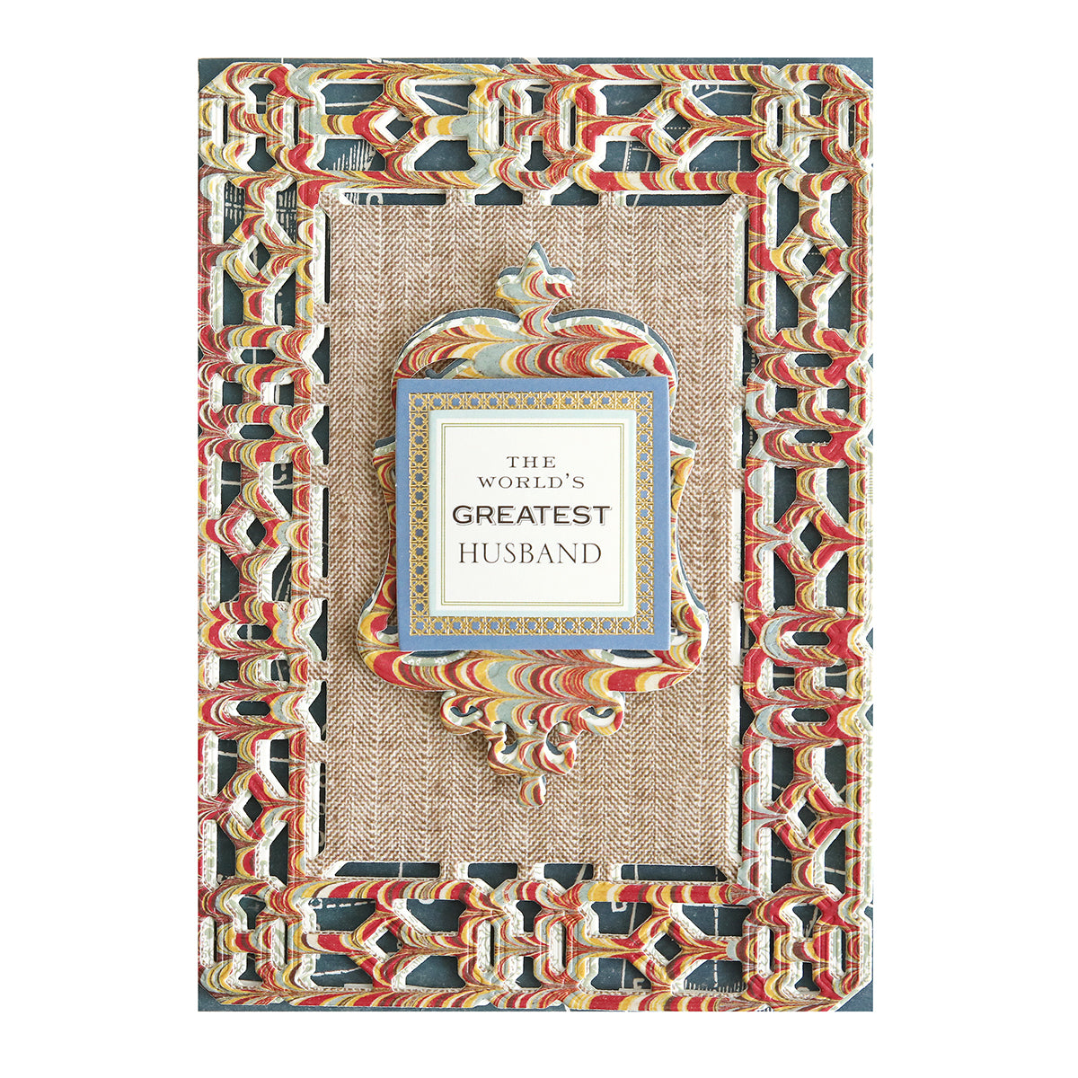A decorative card created using the All About Him Papercrafting Kit with Dies, featuring ornate multicolored borders and a central message that reads "The World's Greatest Husband.
