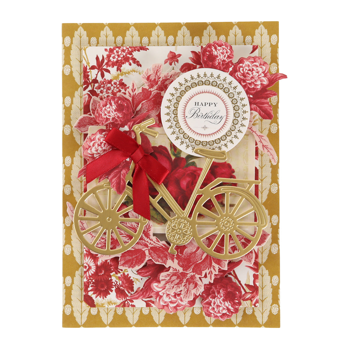 Greeting card featuring a gold bicycle, red ribbon, and a floral background in rich red and gold hues, topped with a “Happy Birthday” message. Crafted using the Fleur Rouge Papercrafting Kit with Dies, this vintage-inspired project showcases elegant details and decorative die cuts for an extra-special touch.
