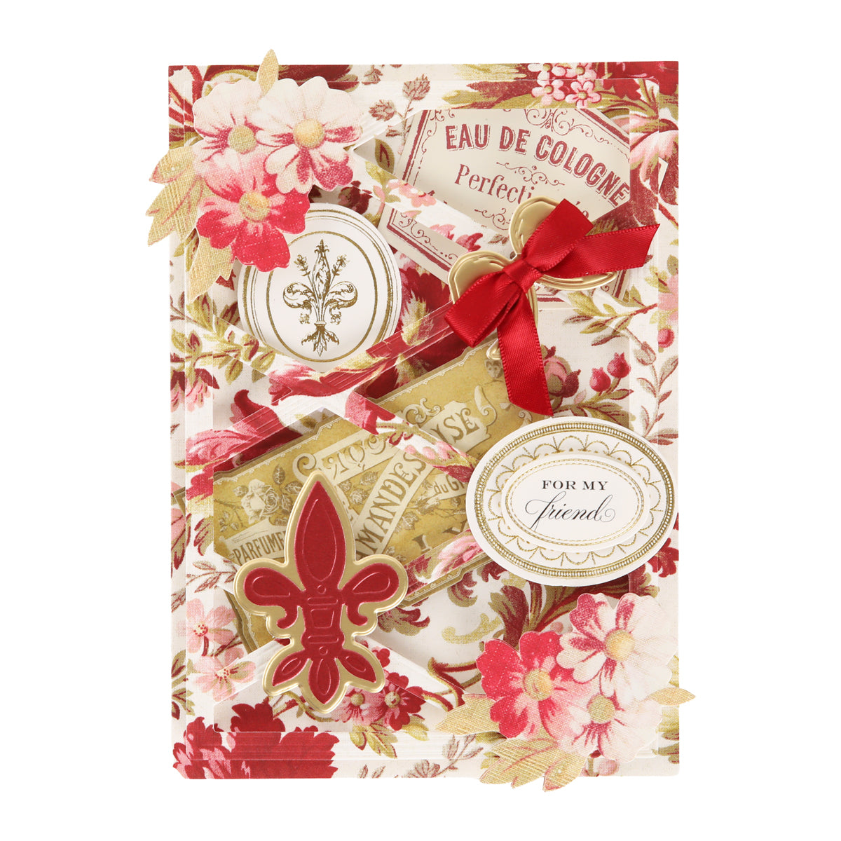 Handcrafted greeting card featuring red and gold floral patterns, elegant ribbon, fleur-de-lis motifs, vintage-style labels created with decorative dies, and a “For my friends” tag—all made using the Fleur Rouge Papercrafting Kit with Dies. Perfect for fans of vintage-inspired papercrafting or as a stunning project showcasing the Fleur Rouge Papercrafting Kit with Dies.