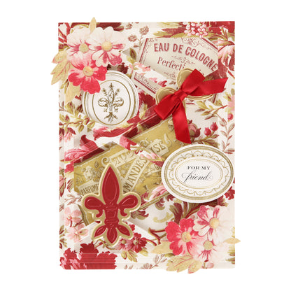 Handcrafted greeting card featuring red and gold floral patterns, elegant ribbon, fleur-de-lis motifs, vintage-style labels created with decorative dies, and a “For my friends” tag—all made using the Fleur Rouge Papercrafting Kit with Dies. Perfect for fans of vintage-inspired papercrafting or as a stunning project showcasing the Fleur Rouge Papercrafting Kit with Dies.